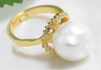 18mm white Shell Perlų, aukso Žiedas, kamuolys apvalus karoliukai, Natūralus South Sea Shell Perlų Moteris Papuošalai atidaryti žiedų, reguliuojamas
