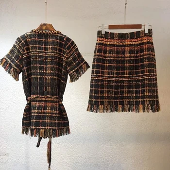 2018 Graikija kolekcija moterims jacke ir sijonas nustatyti plius dydis tvido švarkas rudenį conjuntos de mujer 5xl 6xl ansamblis femme