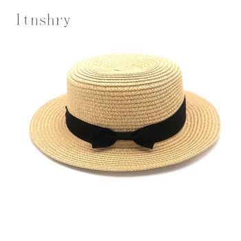 2019 Vasaros Paplūdimio Skrybėlę Moterų Atsitiktinis Panama paprasta Tėvų-vaikų Kepurės Snapeliu Moterų Plokščių kraštų Bowknot Šiaudų kepurė mergaitėms, Saulės, Skrybėlę, 5 spalvų