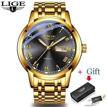 2020 Laikrodžiai Mens Top Brand Prabangos Kvarco Aukso Laikrodis LIGE Visų Plieno Vyrų Laikrodis atsparus Vandeniui Dienos, Savaitės Dial Watch+Box