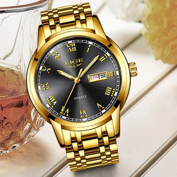 2020 Laikrodžiai Mens Top Brand Prabangos Kvarco Aukso Laikrodis LIGE Visų Plieno Vyrų Laikrodis atsparus Vandeniui Dienos, Savaitės Dial Watch+Box