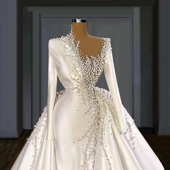 2021 Satino Zawalcowany Perlų Vestuvių Suknelės, Su Nuimamu Sijonu Ilgomis Rankovėmis Duobute Vestuvinės Suknelės Vestuvių Suknelės