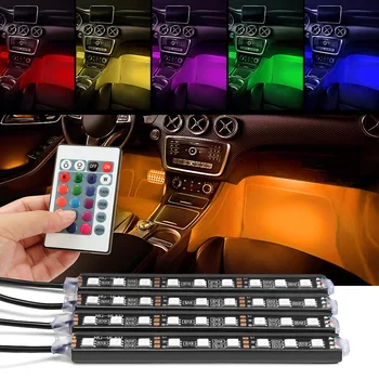 4Pcs Automobilių RGB LED DRL Juostelės Šviesa LED Juostelės Šviesos Spalvos Led Automobilio Interjero Dekoratyvinės Šviesos Atmosfera Lemputė Su Nuotolinio Valdymo