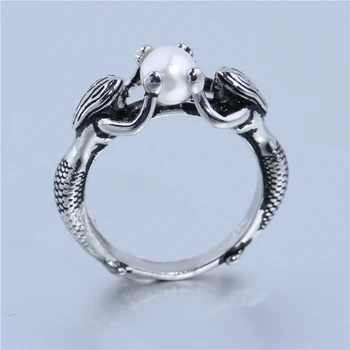 925 Sterlingas Sidabro Žiedai Moterims Derliaus Tailando Bohemijos Stiliaus Dvigubo Undinė Pearl Blue Crystal Žiedą, bižuterijos Dovanos