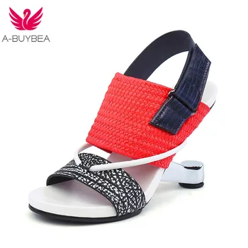 A-BUYBEA Aukšto Kulno Moterų Sandalai natūralios Odos Mišrios Spalvos Atidaryti Tne 9 cm Keista Kulno Vasaros Moterų Sandalai juoda raudona