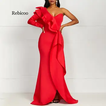 Afrikos Stilius Elegantiškas Šalis Seksualus Derliaus Moterų Ilgos Suknelės Vienos Pečių Bodycon Padalinta Moteriška Ruffles Maxi Raudona Suknelė