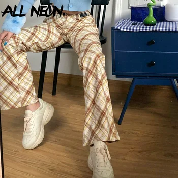 ALLNeon Y2K Estetika Pledas Spausdinti Flare Kelnės Derliaus E-girl Vidurio Juosmens Baggy Kelnės 90-ųjų Mados Streetwear Retro Dugnas