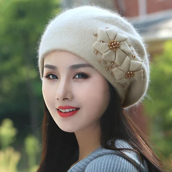 Angoros Beretė Moterų Žiemos Skrybėlę, Mezgimo Kepuraitė Šiltas Gėlių Pearl Atsitiktinis Minkštas Klasikinis Terminio Lauko Priedų Kepurės