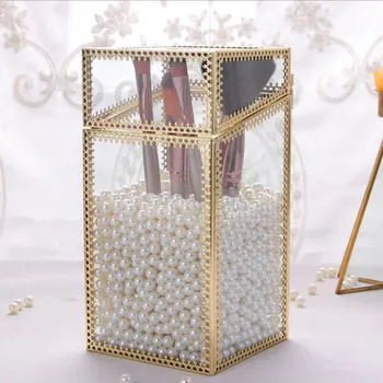 Aukso Retro Stiklo Makiažo Teptuku Dėžutė Su Dangčiu Grožio Teptuku Vamzdelis Nustatykite Teptuku talpinimo Anti-dulkių Papuošalų Dėžutė