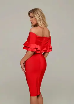 Aukščiausios Kokybės Seksualus Off Peties RFuffles Raudona Bodycon Tvarstis Suknelė 2020 Vakare Šalis Suknelė Vestido