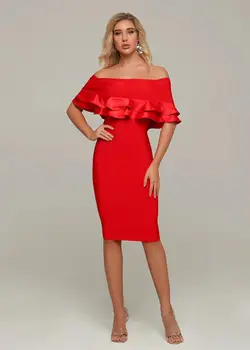 Aukščiausios Kokybės Seksualus Off Peties RFuffles Raudona Bodycon Tvarstis Suknelė 2020 Vakare Šalis Suknelė Vestido