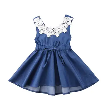 Bamblys Vaikams Baby Girl Dress Nėrinių Gėlių linija Džinsinio audinio Suknelė Partijos Inscenizacija Suknelė Vasaros Drabužius 1-6Y