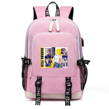 BANANŲ ŽUVŲ Anime Bookbag Didelės Mokyklos Krepšiai Kawaii Moterims, Kuprinės, Pelenai Lynx Oksfordo Kelionės Bagpack USB Nešiojamas Atgal Pack