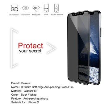 Baseus 3D Screen Protector, iPhone X Anti Privatumo Grūdintas Stiklas Screen Protector, iPhone, 10 Privatumo Plėvelės, Apsauginis Stiklas