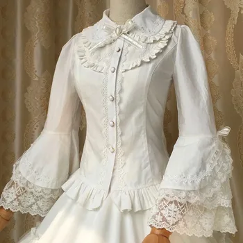 Derliaus Balta Nėrinių Medvilnės Palaidinė Moterims Klasikinis Lolita Princess Kostiumas Plonas Įrengta Marškinėliai Mygtuką 3/4 Bell Sluoksnis Rankovėmis Viršų