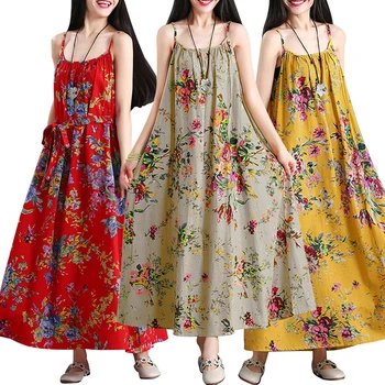 Derliaus Medvilnės Skalbiniai Maxi Suknelė Moterims Gėlių Spausdinti Boho Vasaros Suknelė 2020 Spagečiai Dirželiai Kišenės, Ilgas Chalatas, Slydimo moteriška Suknelė