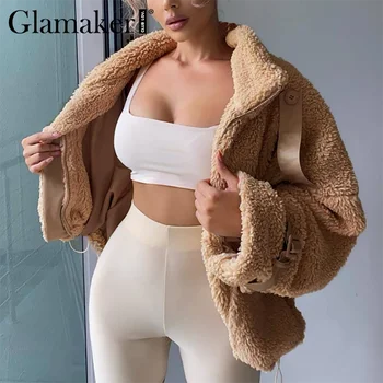 Glamaker Dirbtiniais kailiais šiltas kailis pūkuotas outwear Chaki seksualus teddy kailio Rudens žiemos kišenėje moteriška trumpa striukė kailis žiemą 2020 naujas