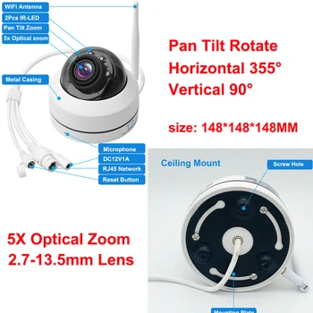 H. 265 5MP AI Žmogaus Aptikimo Auto Stebėjimo, IP Kamera, WiFi 5x Optinis Priartinimas Dome PTZ Lauko Vandeniui Onvif Garso 128 GB SD P2P