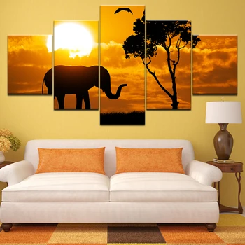 HD Spaudinių Abstrakčiai saulėlydžio Gyvūnų Nuotraukos 5 Gabalas Afrikos Miškų Dramblys Plakatas Sienos Menas Drobė Paveikslų Kambarį Namų Dekoro