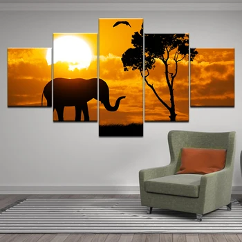 HD Spaudinių Abstrakčiai saulėlydžio Gyvūnų Nuotraukos 5 Gabalas Afrikos Miškų Dramblys Plakatas Sienos Menas Drobė Paveikslų Kambarį Namų Dekoro