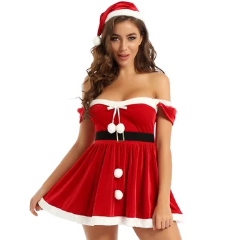 Iiniim Moterų Suaugusiųjų Aksomo Kalėdų Cosplay Šalis Dress Up Santa ' Kostiumas Balta Flanelė Apdaila Mini Suknelė su Skrybėle