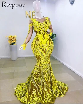 Ilga Elegantiška Prom Dresses 2021 Vien Ilgomis Rankovėmis Undinė Juodosios Afrikos Mergaičių Geltona China Prom Chalatai Gala