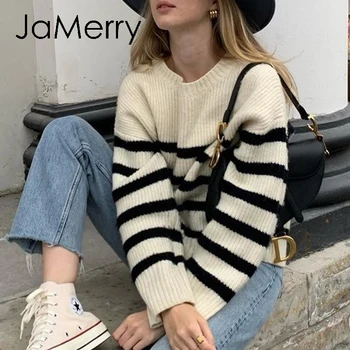 JaMerry Mados juoda balta juostele megzti megztinis Įgulos kaklo prarasti ilgomis rankovėmis žiemos Puloveris Atsitiktinis namų stiliaus megztinis 2020 m.