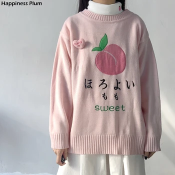 Kawaii Siuvinėjimas Rožinė Moterų Megzti Megztinis (Puloveris Japonijos Mielas Prarasti Apvalios Kaklo Paauglių Mergaičių Megztinis Žiemą Saldus Femme Traukti