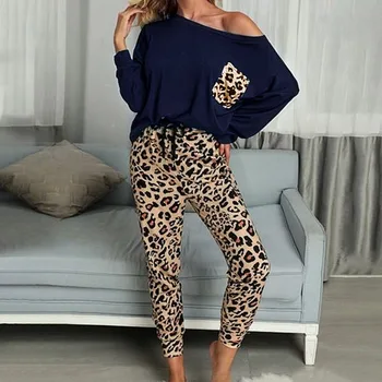 Leopard Moterų Namų Kostiumas Minkštas Dviejų dalių Homewear Atsitiktinis Moterų Nustatyti ilgomis Rankovėmis Palaidinukė Pilnas Kelnes Rudenį Ponios Pižama