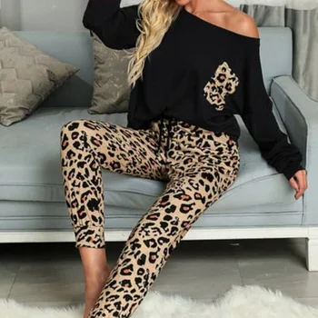Leopard Moterų Namų Kostiumas Minkštas Dviejų dalių Homewear Atsitiktinis Moterų Nustatyti ilgomis Rankovėmis Palaidinukė Pilnas Kelnes Rudenį Ponios Pižama