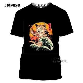 LIASOSO Japonų Meno Samurajus Katė vyriški T-shirt 3D Spausdinimo Dvasios Marškinėlius Moterims Summer Tee Marškinėliai Atsitiktinis Derliaus Hip-Hop Viršūnes Negabaritinių