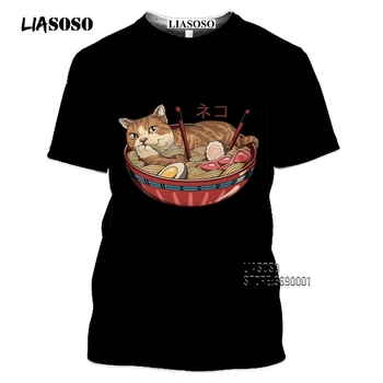 LIASOSO Japonų Meno Samurajus Katė vyriški T-shirt 3D Spausdinimo Dvasios Marškinėlius Moterims Summer Tee Marškinėliai Atsitiktinis Derliaus Hip-Hop Viršūnes Negabaritinių
