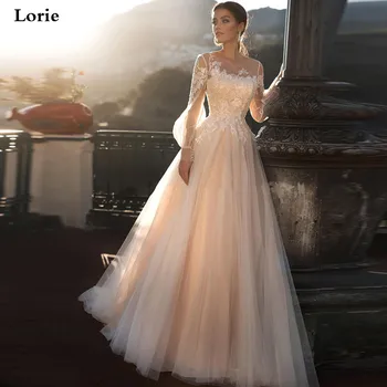 Lorie Šampano Princesė Vestuvių Suknelė-Line Sluoksniuotos Rankovėmis Vestuvių Suknelės Boho Nėrinių Appliques Nėrinių Nuotakos Suknelės