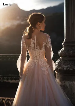 Lorie Šampano Princesė Vestuvių Suknelė-Line Sluoksniuotos Rankovėmis Vestuvių Suknelės Boho Nėrinių Appliques Nėrinių Nuotakos Suknelės