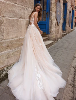 LORIE Šviesiai Rožinė Vestuvių Suknelės, Nėriniai Appliques Minkštas Tiulis Vestuvinės Suknelės Bohemijos 2020 Rankovių Paplūdimys Vestuvės Suknelė