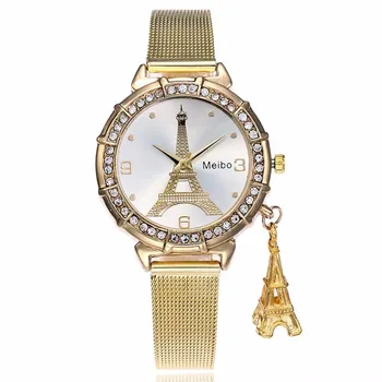 Mados Moterų Rose Gold Eifelio Bokštas Modelis Žiūrėti Atsitiktinis Ponios Nerūdijančio Plieno Bokštas Pakabukas Kvarco moteriški laikrodžiai top prekės