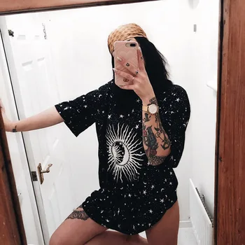 Medvilnės Sun Moon Stars spausdinti Moterys T-shirt Vasaros trumpomis Rankovėmis, apvalia Kaklo Spausdinti Tee Atsitiktinis Mados Moterų Viršūnių moteris drabužiai