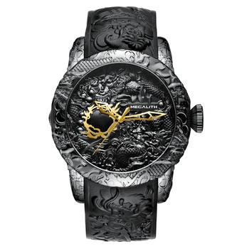 MEGALITH Prabanga Aukso Drakonas Skulptūra Mens Watch Atsitiktinis Vandeniui Didelis Ratukas Guma Kvarciniai Rankiniai Laikrodžiai Laikrodis Reloj Hombre
