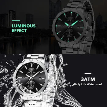 MEGALITH Vyrų Sporto Laikrodžiai Prabangos Prekės Aukso Plieno Dirželis Laikrodžiai Vyrams, Vandeniui Šviesos Kvarco Žmogus Laikrodis Reloj Hombre 8237