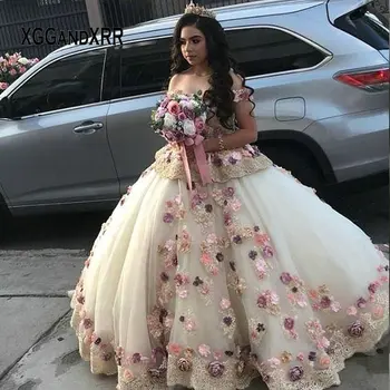 Meksikos Quinceanera Suknelės 2020 Brangioji off Peties Sunkiųjų Gėlių Princesė Kamuolys Suknelė Promenadzie Suknelė Saldus 15 16 Suknelė Plius Dydis