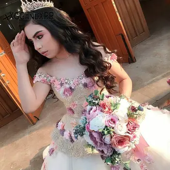 Meksikos Quinceanera Suknelės 2020 Brangioji off Peties Sunkiųjų Gėlių Princesė Kamuolys Suknelė Promenadzie Suknelė Saldus 15 16 Suknelė Plius Dydis