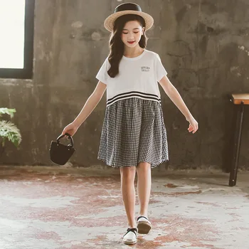 Mergaičių Vasaros Drabužių 2020 Naujas Paauglys Merginos Korėjos Laisvalaikio Stiliaus Suknelė Vaikų Mergaičių Medvilnės Pledas Kratinys Suknelė Laišką, #8858