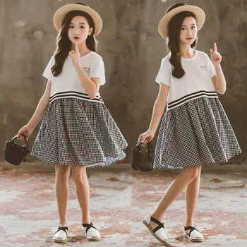 Mergaičių Vasaros Drabužių 2020 Naujas Paauglys Merginos Korėjos Laisvalaikio Stiliaus Suknelė Vaikų Mergaičių Medvilnės Pledas Kratinys Suknelė Laišką, #8858