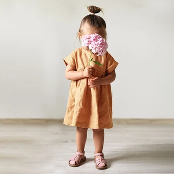Merginos Short-Sleeve Dress 2020 Metų Vasaros korėjos Vaikų Medvilnės Ir Lino Princesė Dress Literatūros Vaikų Drabužių TZ03