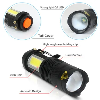 Mini LED Žibintuvėlis Nešiojamų K5+COB Zoom Fakelas Fotoblykstės 4 Režimai Naudoja AA/14500 Baterija Žibintų Vandeniui Įkrovimo Lemputė