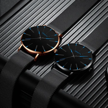 Minimalistinio Europos ir Amerikos mados verslo, sporto vyriški laikrodžiai, nerūdijančio plieno tinklelio su juoda ir mėlyna-ultra plonas atveju