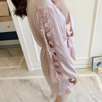 Moteris Padažu Suknelė Chalatas Kimono Skraiste Imituoti Nekilnojamojo Šilko Nėriniai Seksualus Naktiniai Drabužiai