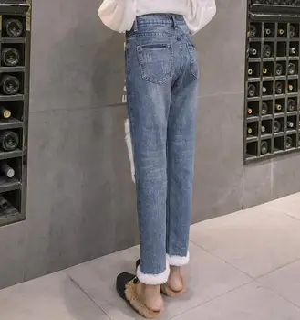 Moterų kelnės Triušio kailio džinsai plius aksomo aukšto juosmens korėjos negabaritinių tiesiai haremo moterų kelnes streetwear ponios kelnės