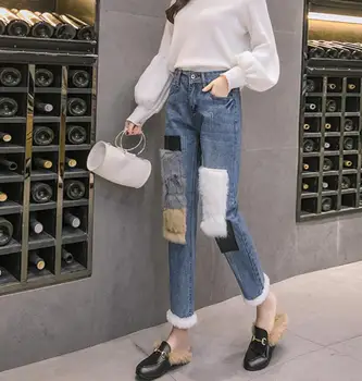 Moterų kelnės Triušio kailio džinsai plius aksomo aukšto juosmens korėjos negabaritinių tiesiai haremo moterų kelnes streetwear ponios kelnės