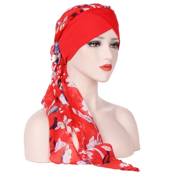 Moterų Mados Gėlių Skarelė Musulmonų Ruožas iš Anksto Susieta Turbaną Bohemijos Skrybėlę Beanies variklio Dangčio Kepurės Hijabs HairAccessories Atostogų